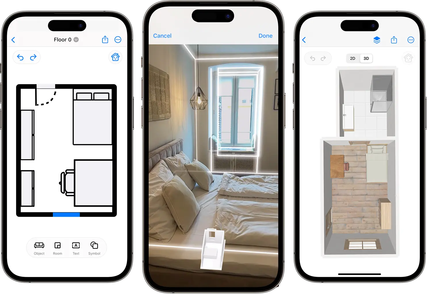 CamPlan App demonstration showing 2D floor plans, 3D models, and AR visualization